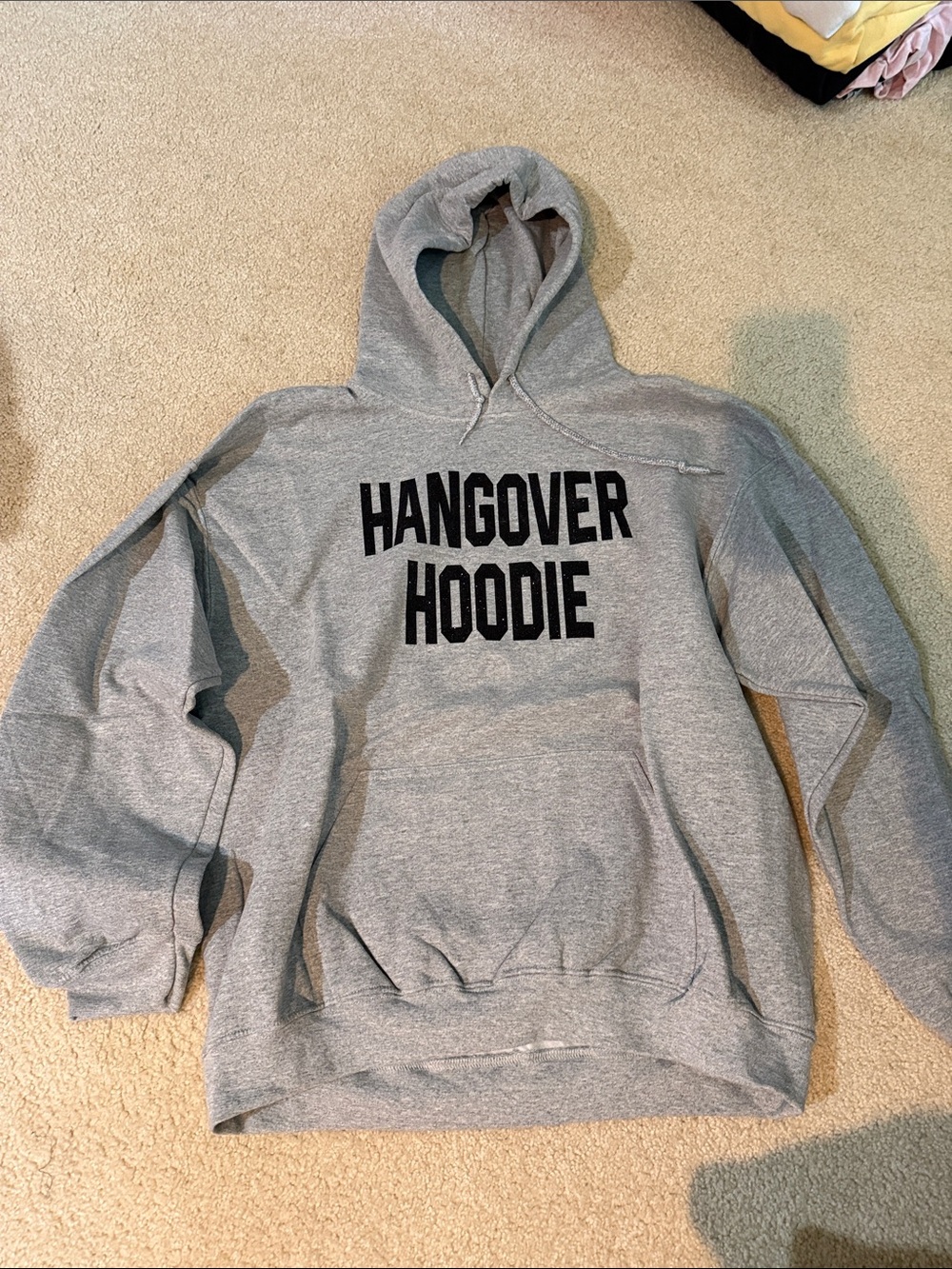 Gildan Men's Gray Hoodie with Black Sparkly 'HANGOVER HOODIE' Chest Print